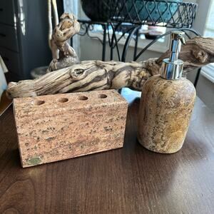WATERSTONE Travertine Marble Stone Bathroom Set Soap Dispenser toothbrush holder